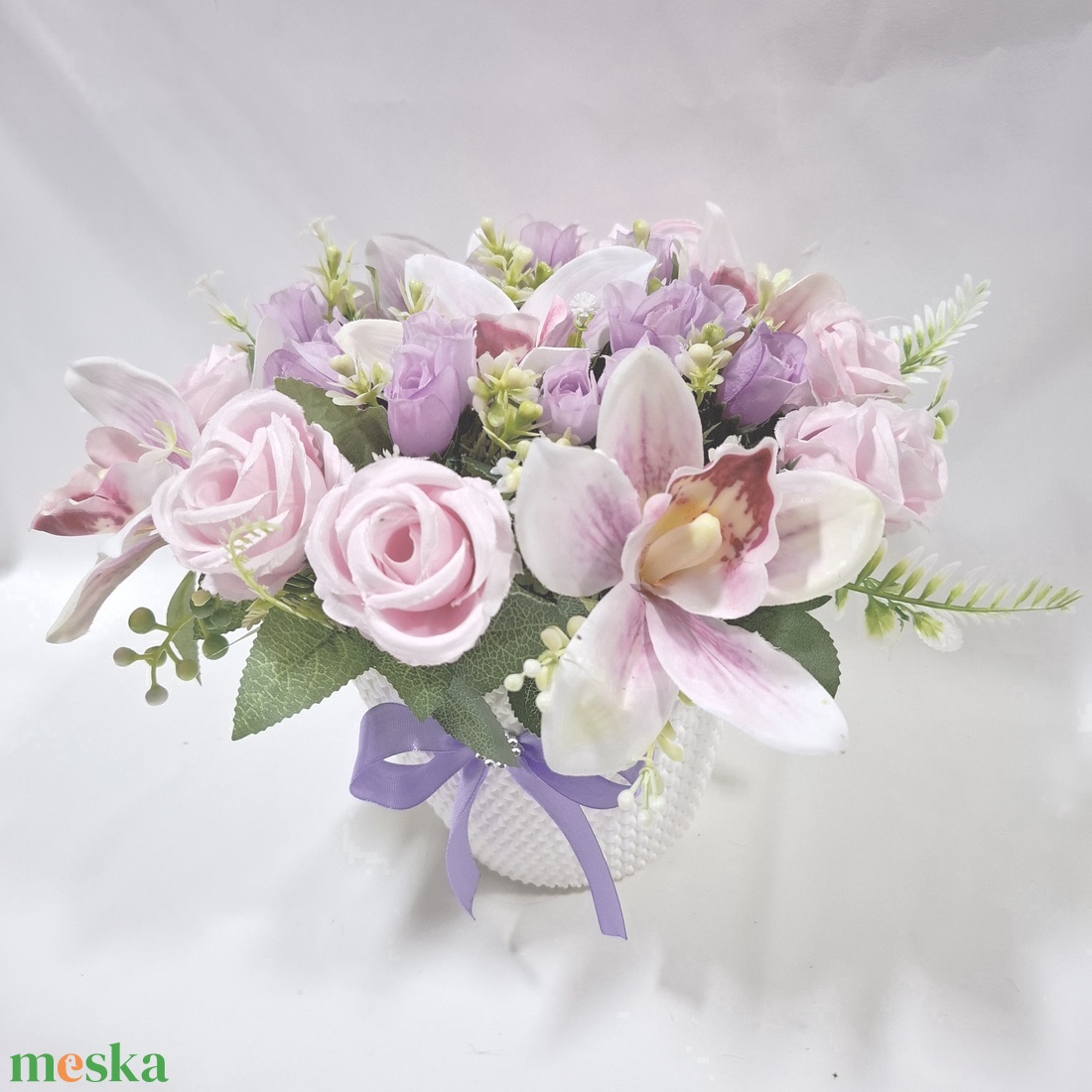 Orchidea-rózsa virágcsokor, virágdoboz, asztaldísz, dekoráció, ajándék - otthon & életmód - dekoráció - virágdísz és tartó - virágbox, virágdoboz - Meska.hu