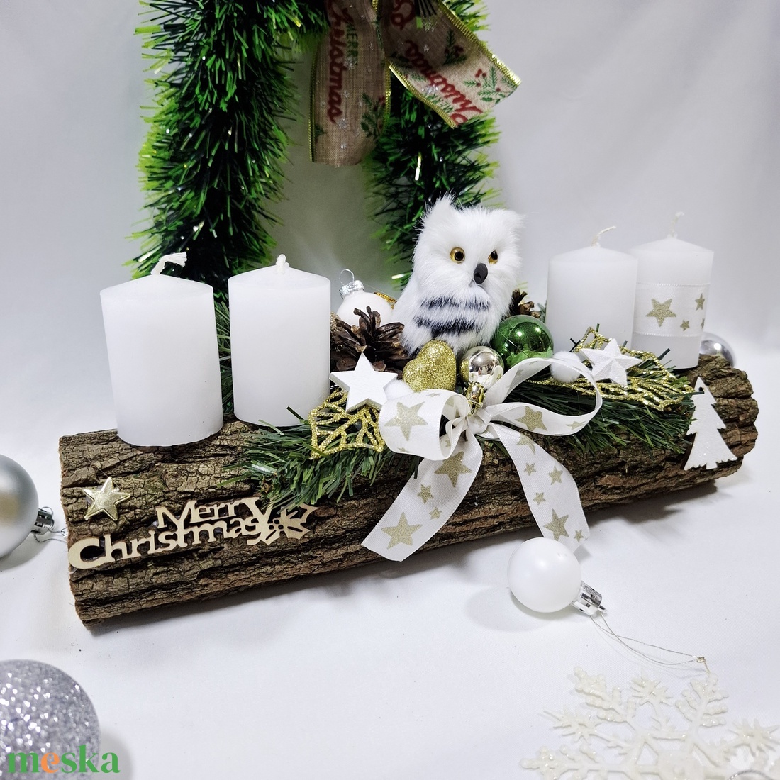 Adventi hóbagoly koszorú,  asztaldísz,  dekoráció - karácsony - adventi díszek - adventi asztaldísz - Meska.hu