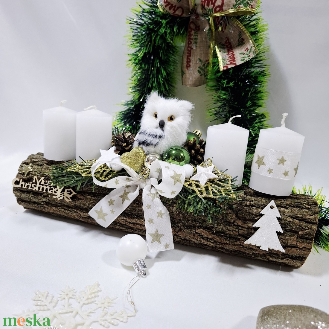 Adventi hóbagoly koszorú,  asztaldísz,  dekoráció - karácsony - adventi díszek - adventi asztaldísz - Meska.hu