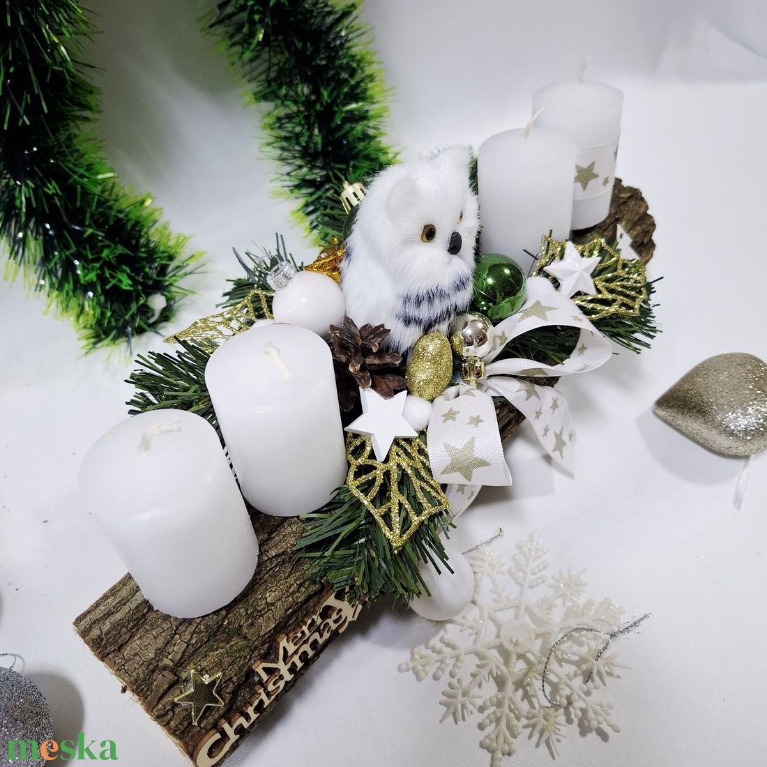 Adventi hóbagoly koszorú,  asztaldísz,  dekoráció - karácsony - adventi díszek - adventi asztaldísz - Meska.hu