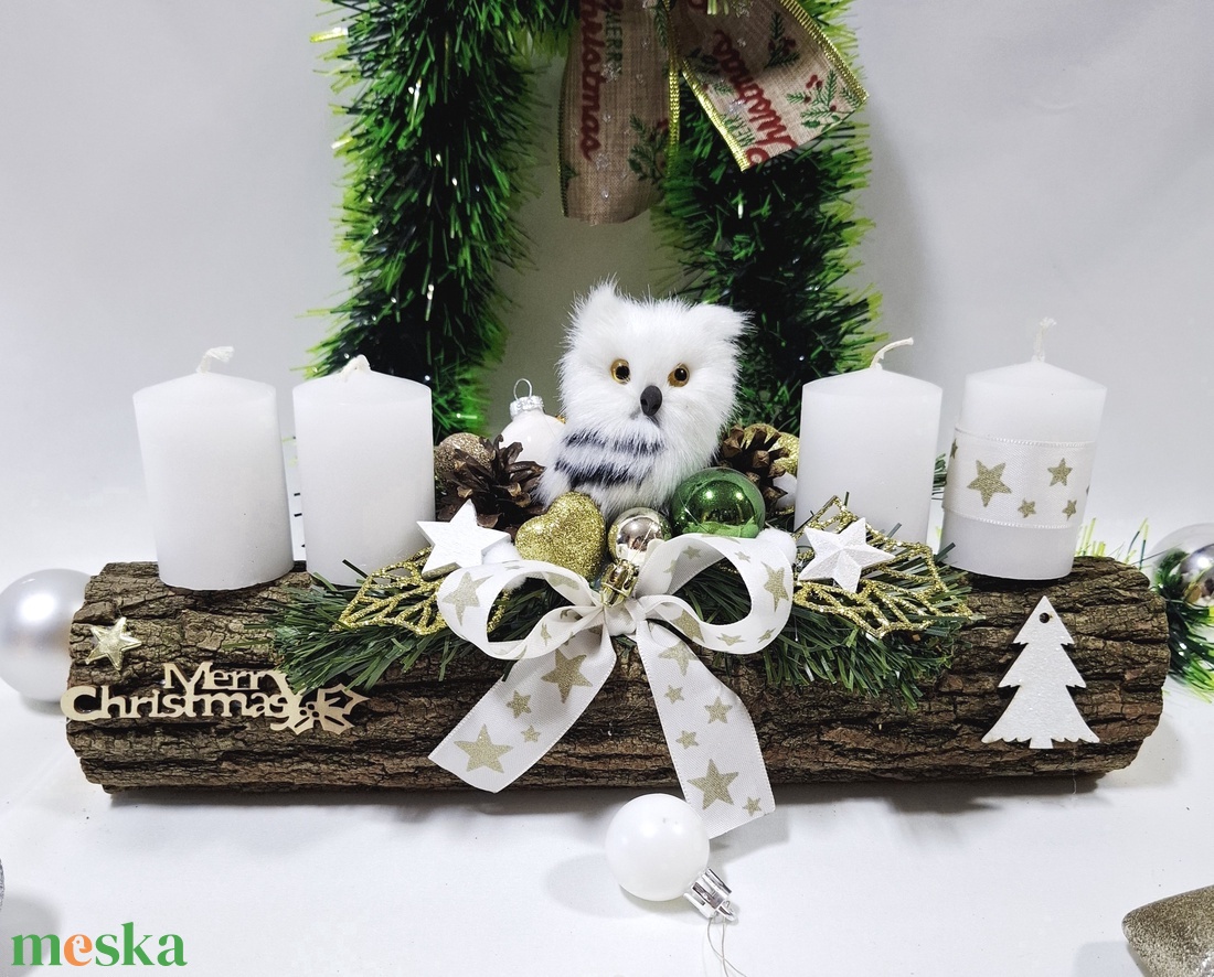 Adventi hóbagoly koszorú,  asztaldísz,  dekoráció - karácsony - adventi díszek - adventi asztaldísz - Meska.hu