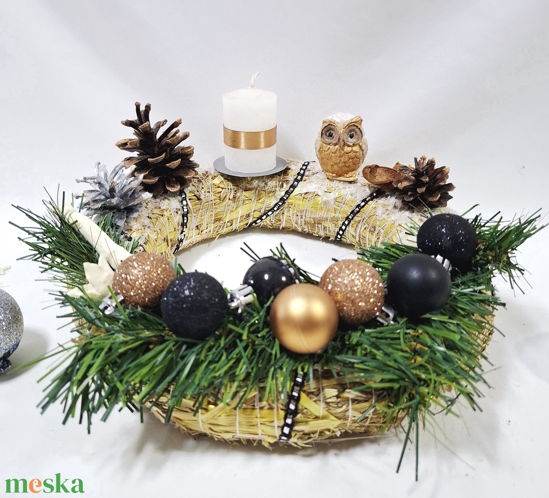 Adventi hóbagoly koszorú,  asztaldísz, karácsonyi dekoráció - karácsony - adventi díszek - adventi asztaldísz - Meska.hu