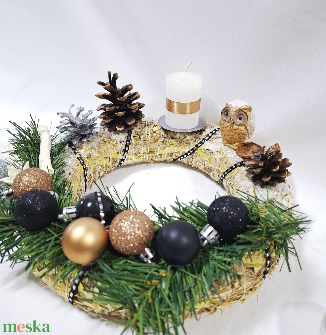 Adventi hóbagoly koszorú,  asztaldísz, karácsonyi dekoráció - karácsony - adventi díszek - adventi asztaldísz - Meska.hu