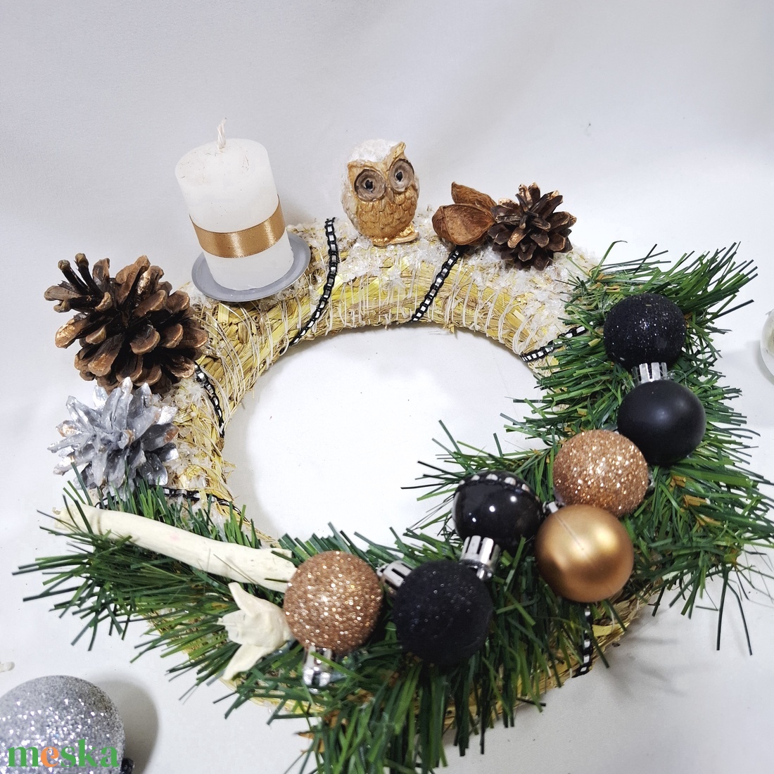Adventi hóbagoly koszorú,  asztaldísz, karácsonyi dekoráció - karácsony - adventi díszek - adventi asztaldísz - Meska.hu