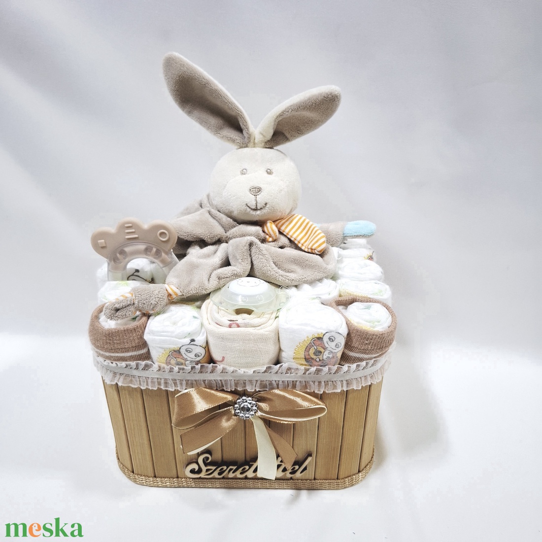  Nyuszi baba box, pelenkatorta 2-5kg pelenkatorony, babaváró csomag, kelengye - baba - mama - pelenkázó, babafürdető kellékek - pelenkatorta - Meska.hu