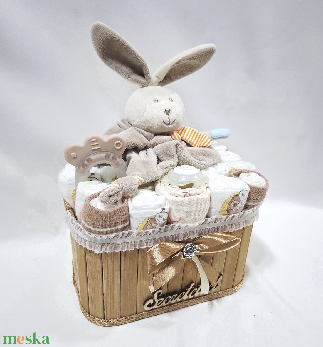  Nyuszi baba box, pelenkatorta 2-5kg pelenkatorony, babaváró csomag, kelengye - baba - mama - pelenkázó, babafürdető kellékek - pelenkatorta - Meska.hu