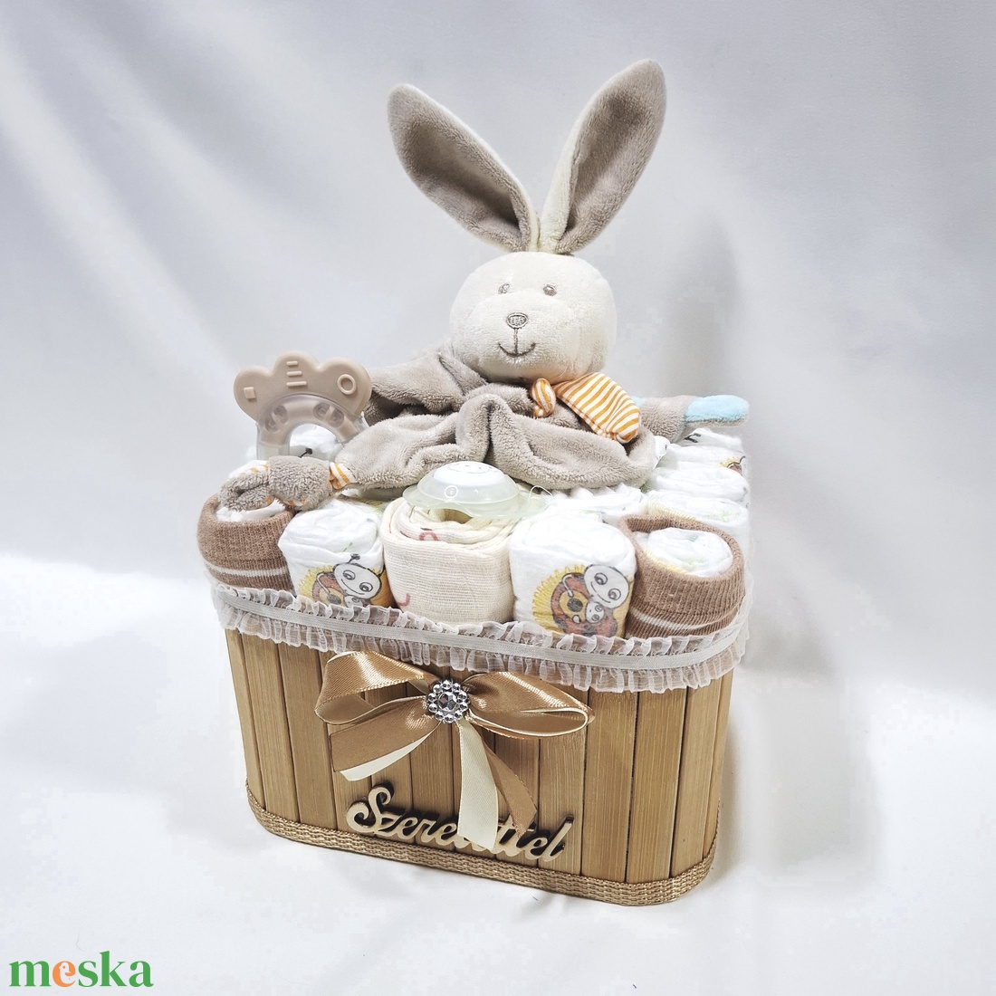  Nyuszi baba box, pelenkatorta 2-5kg pelenkatorony, babaváró csomag, kelengye - baba - mama - pelenkázó, babafürdető kellékek - pelenkatorta - Meska.hu