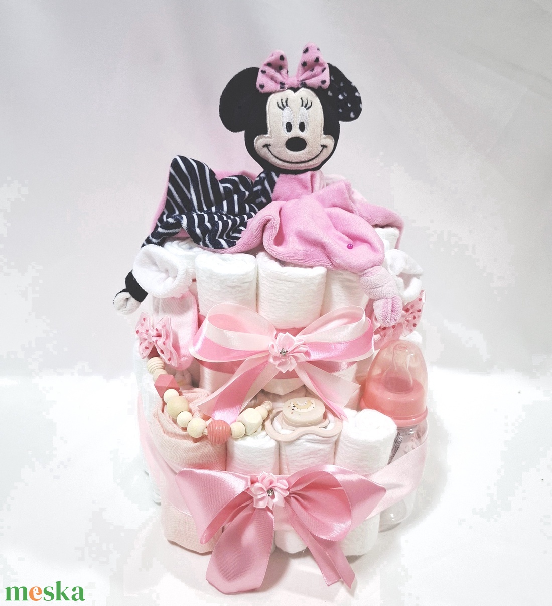 Minnie babaváró pelenkatorta 4-8 kg pelenkatorony, babaváró csomag, kelengye - baba - mama - pelenkázó, babafürdető kellékek - pelenkatorta - Meska.hu