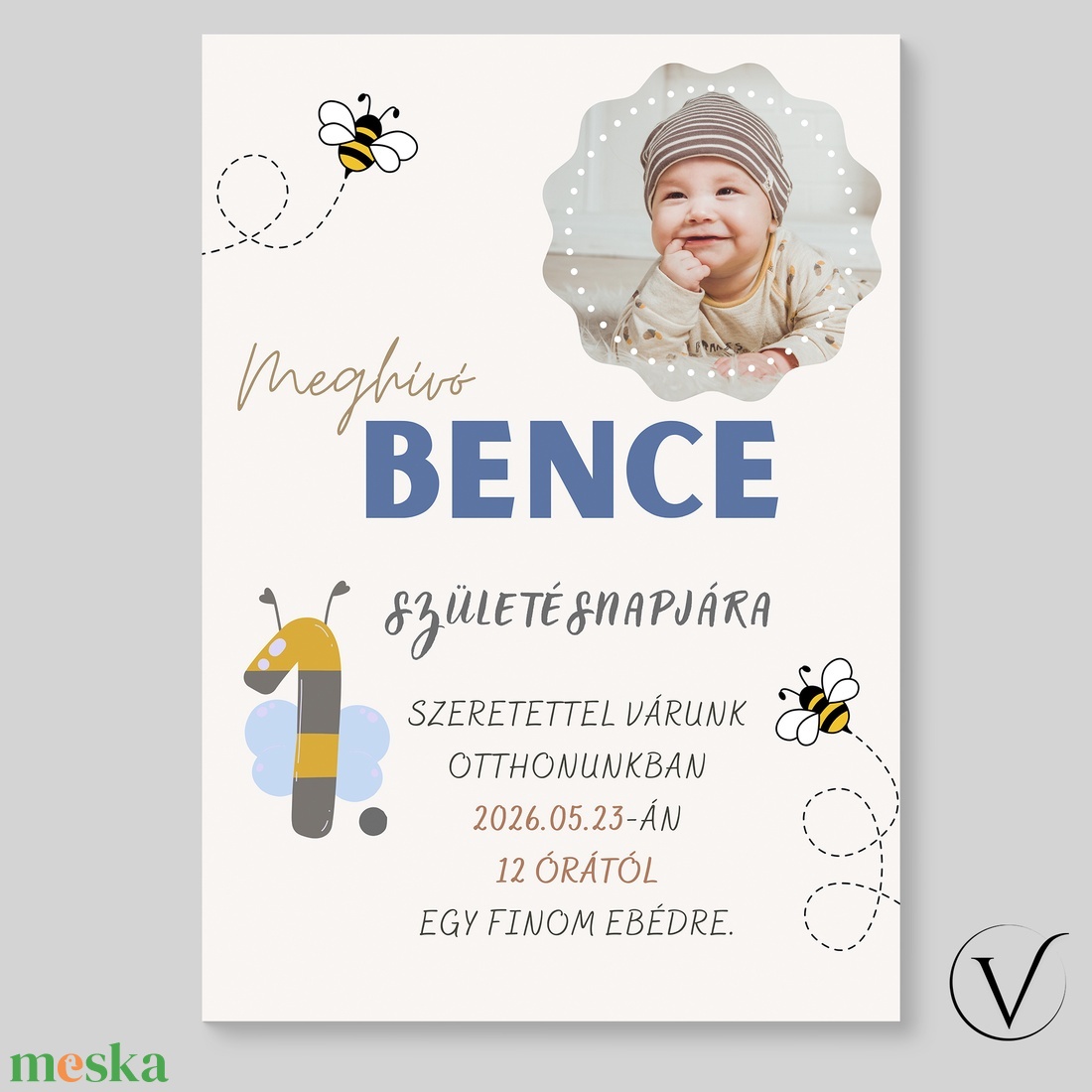 Méhecskés fényképes születésnapi meghívó - otthon & életmód - papír, írószer - ajándékozás kellékei - meghívó - Meska.hu