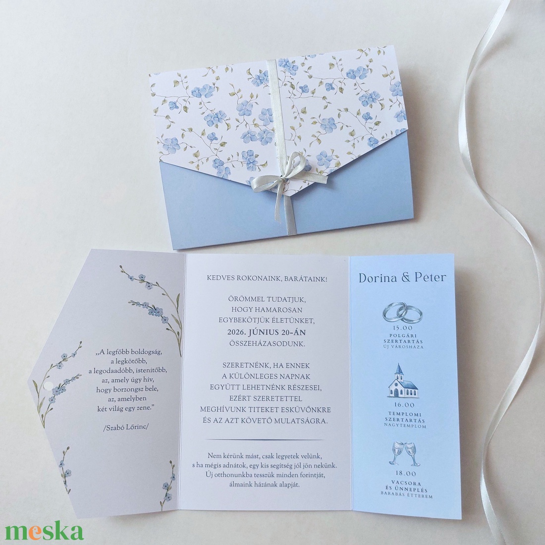 Esküvői boríték meghívó pasztell kék virágokkal - esküvő - meghívó & kártya - meghívó - Meska.hu