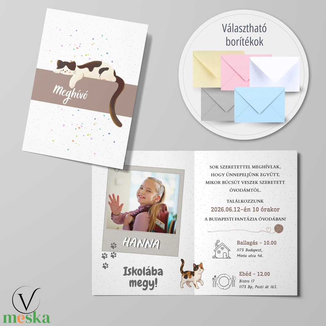 Kinyitható cicás ballagási meghívó óvodásoknak - otthon & életmód - papír, írószer - meghívó - ballagási meghívó - Meska.hu