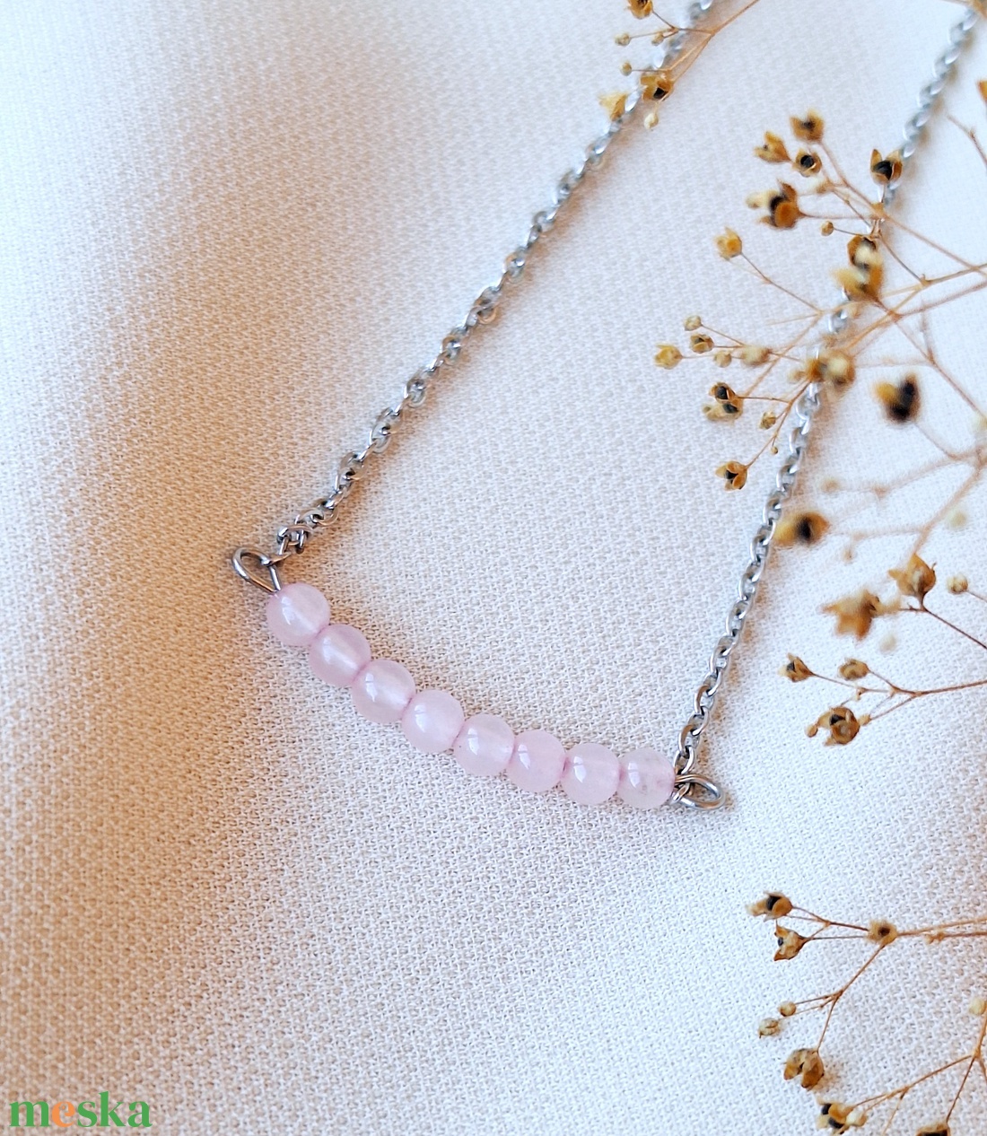 Rózsakvarc acél nyaklánc - ékszer - nyaklánc - gyöngyös nyaklánc - Meska.hu