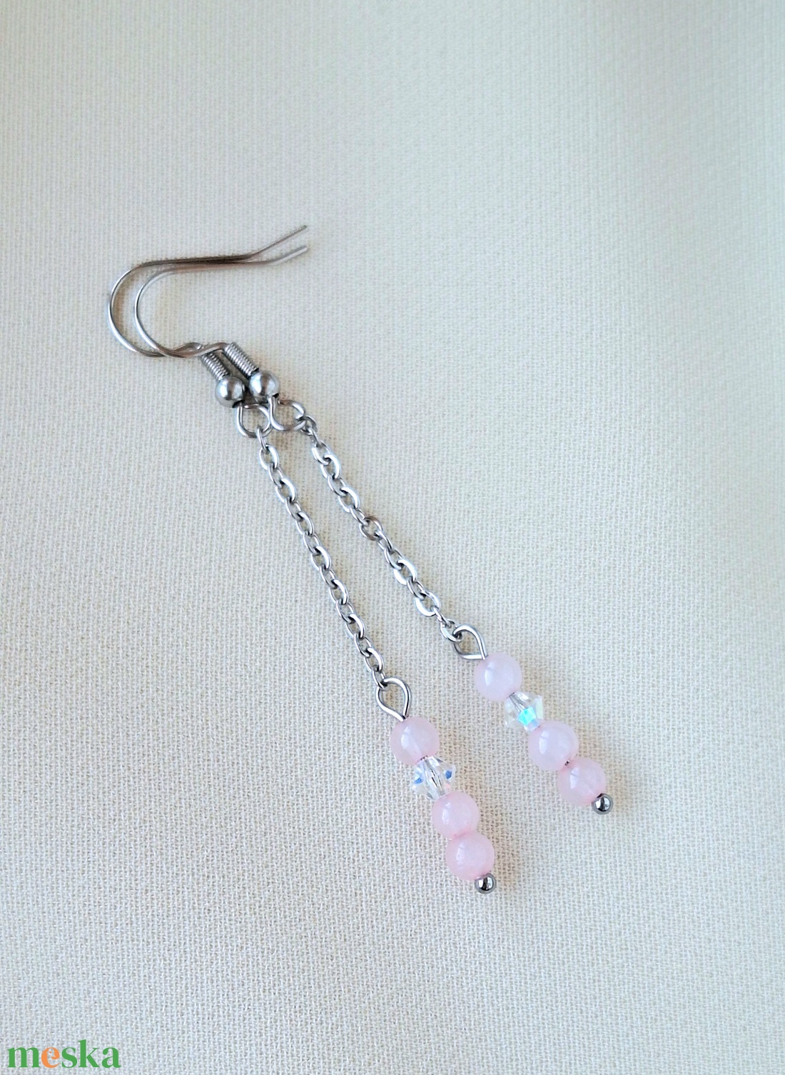 Nemesacél rózsakvarc fülbevaló - ékszer - fülbevaló - lógó fülbevaló - Meska.hu
