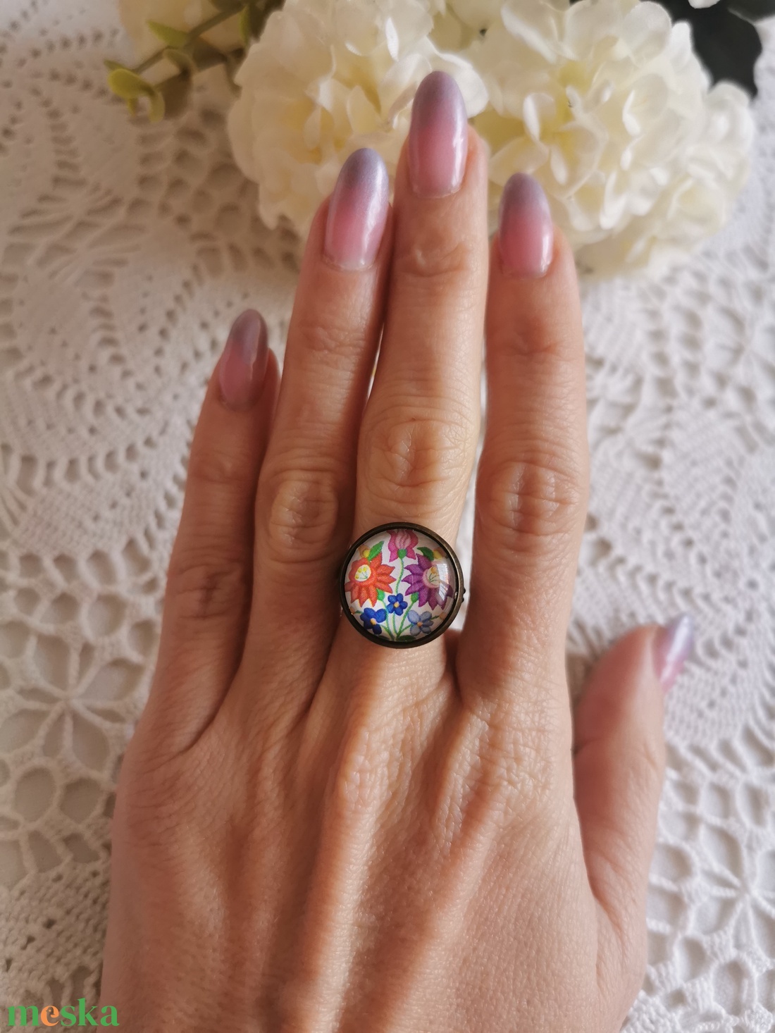 Kalocsai mintás gyűrű - ékszer - gyűrű - üveglencsés gyűrű - Meska.hu