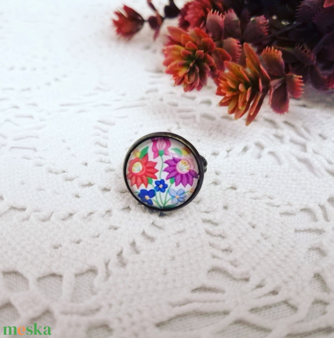 Kalocsai mintás gyűrű - ékszer - gyűrű - üveglencsés gyűrű - Meska.hu