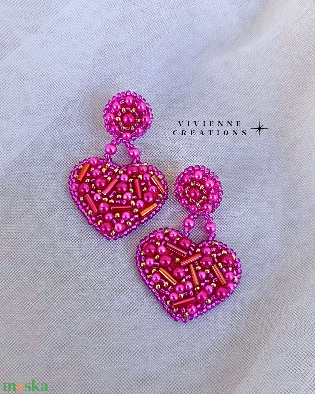 Pink heart fülbevaló - ékszer - fülbevaló - lógó fülbevaló - Meska.hu