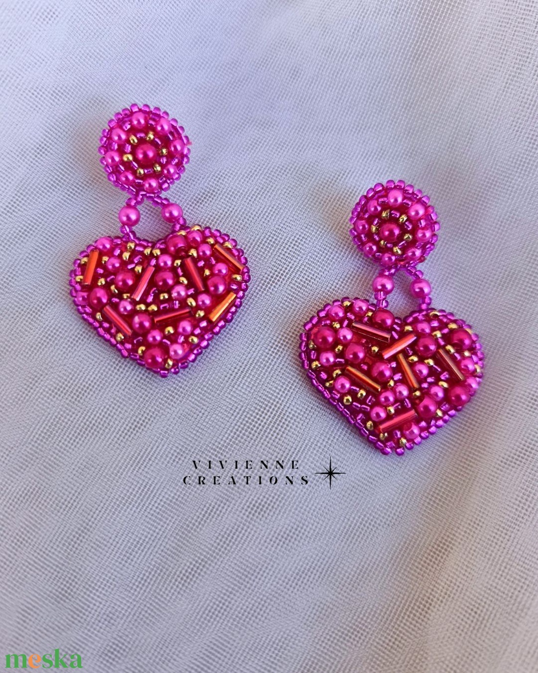 Pink heart fülbevaló - ékszer - fülbevaló - lógó fülbevaló - Meska.hu