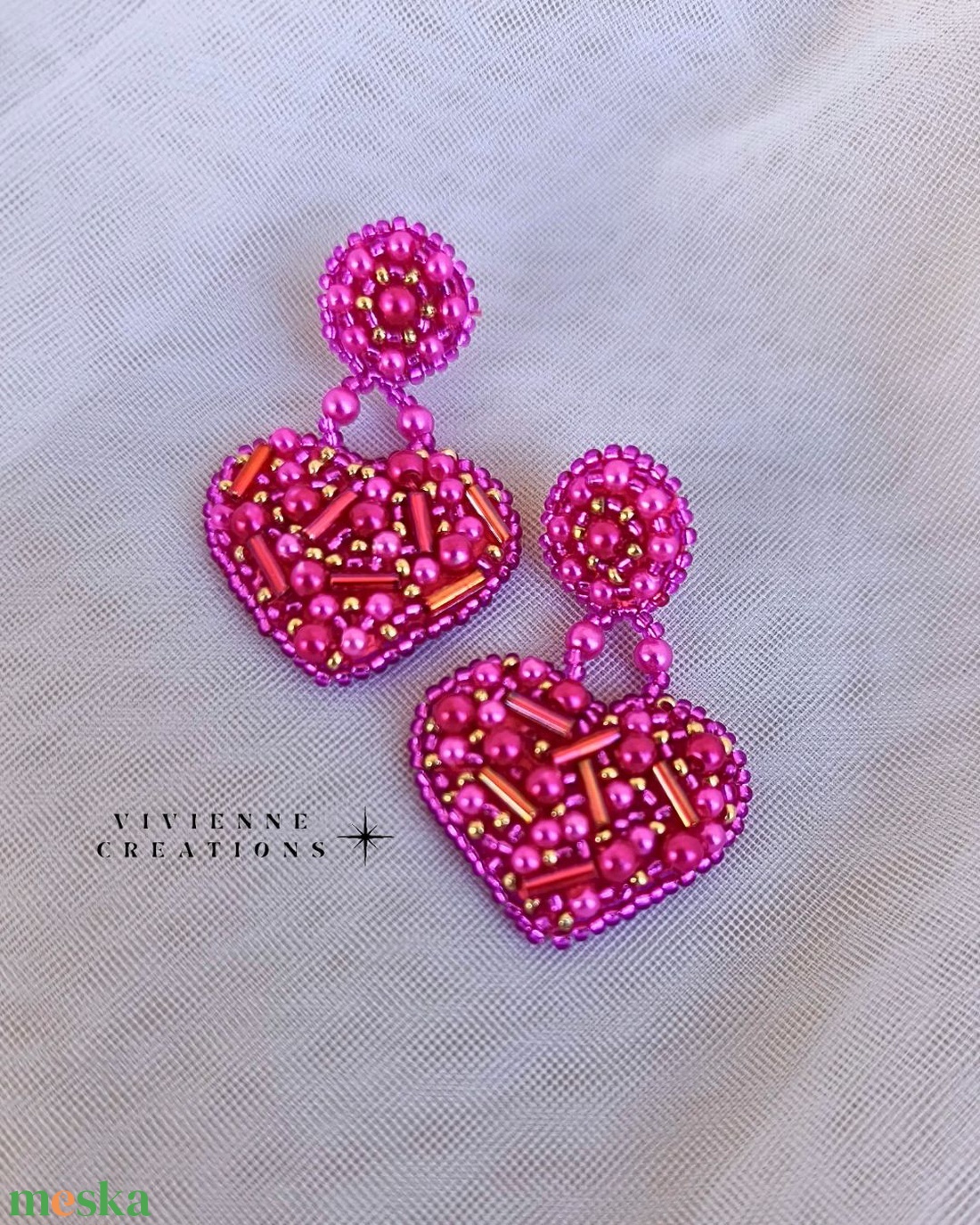 Pink heart fülbevaló - ékszer - fülbevaló - lógó fülbevaló - Meska.hu