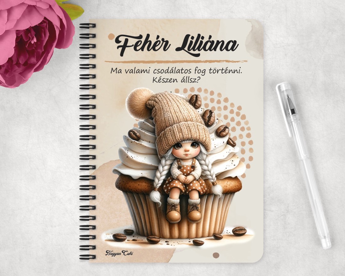 Személyre szabható - Muffin kávés manó lány mintás A6-os füzet - otthon & életmód - papír, írószer - jegyzetfüzet & napló - Meska.hu
