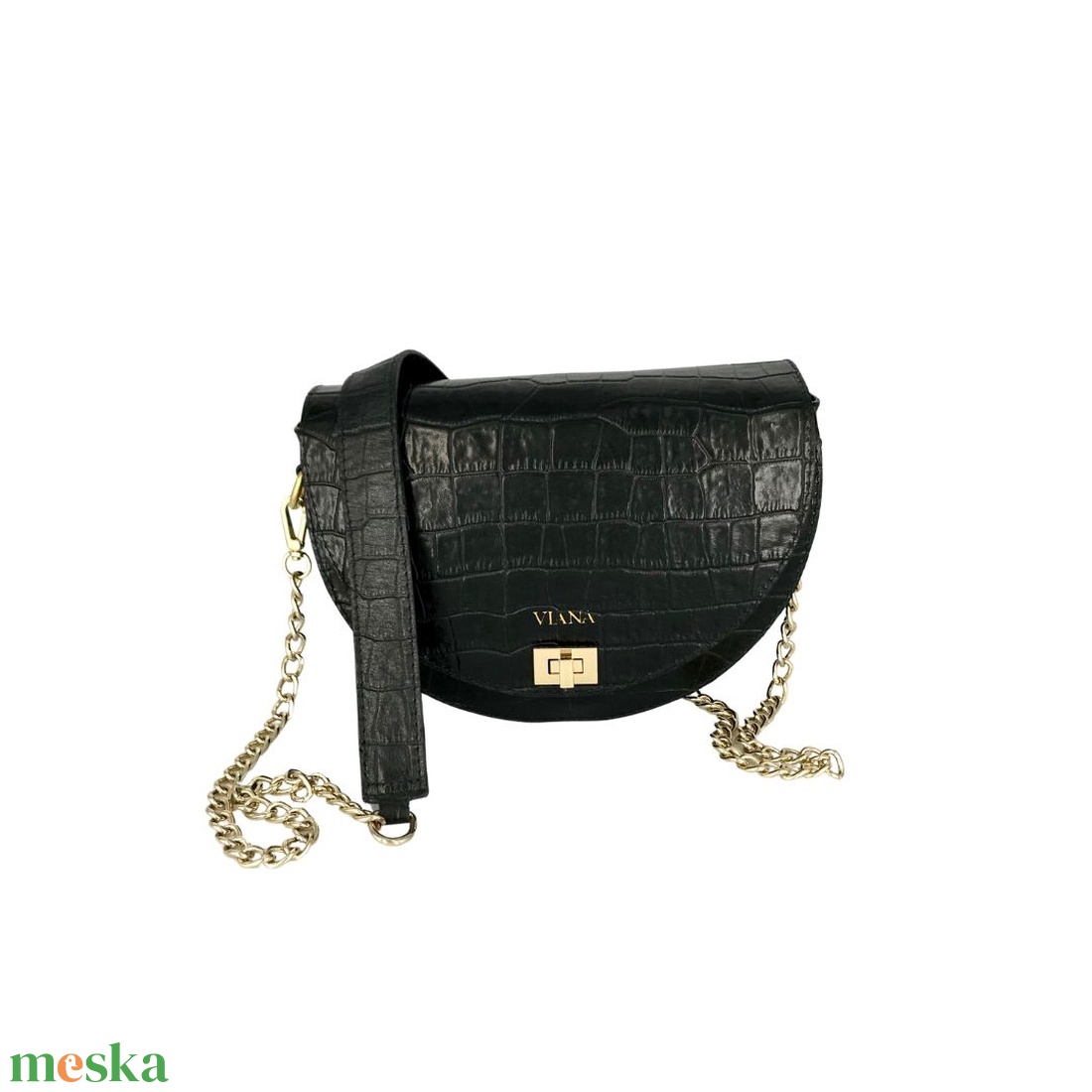 Félhold alakú  fekete krokodil mintás bőrtáska - választható pánttal - monogram nyomással (opcionális) - táska & tok - kézitáska & válltáska - alkalmi táska - Meska.hu