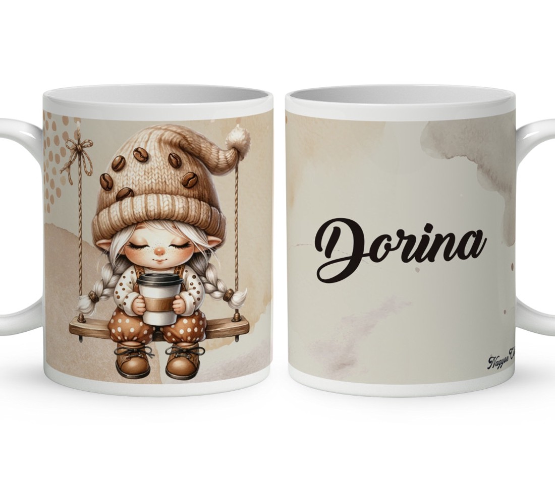 Névvel kérhető - Hintázó kávés manó lány mintás bögre - otthon & életmód - konyhafelszerelés, tálalás - tálalás - bögre & csésze - Meska.hu