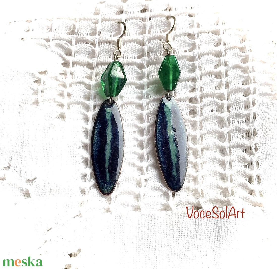 Zöldfény  tűzzománc Fülbevaló - ékszer - fülbevaló - lógó csepp fülbevaló - Meska.hu