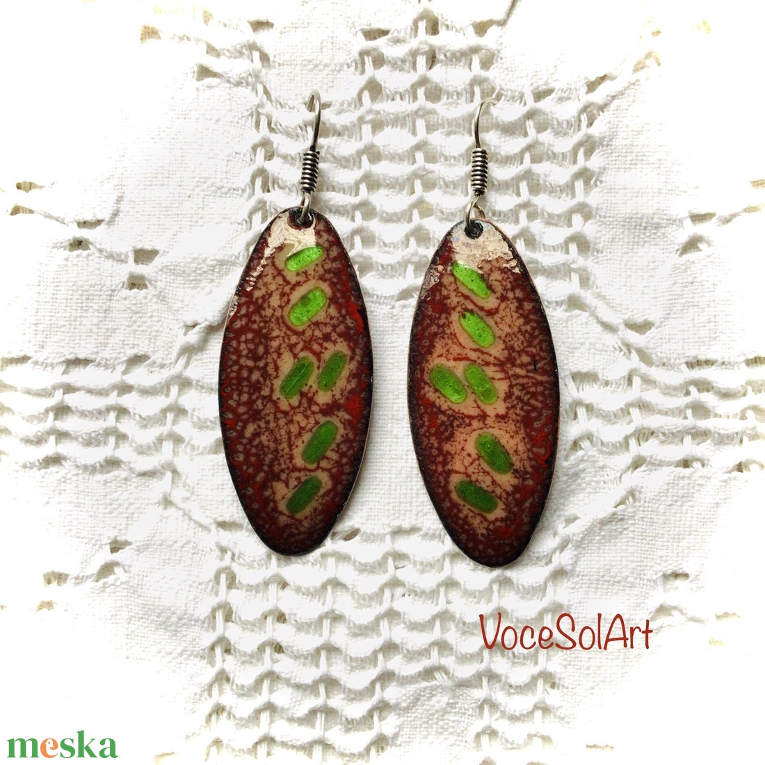 Hulljatok levelek - Ovális Tűzzománc Fülbevaló - ékszer - fülbevaló - lógó csepp fülbevaló - Meska.hu