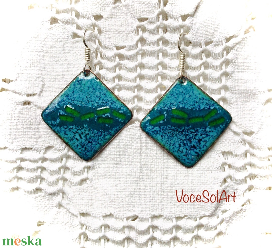 Türkiz négyzet tűzzománc Fülbevaló - ékszer - fülbevaló - lógó fülbevaló - Meska.hu