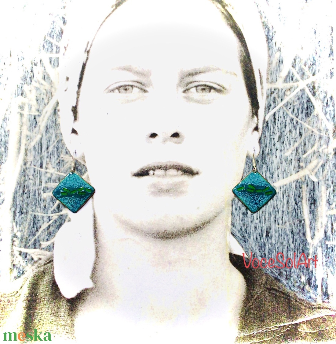 Türkiz négyzet tűzzománc Fülbevaló - ékszer - fülbevaló - lógó fülbevaló - Meska.hu