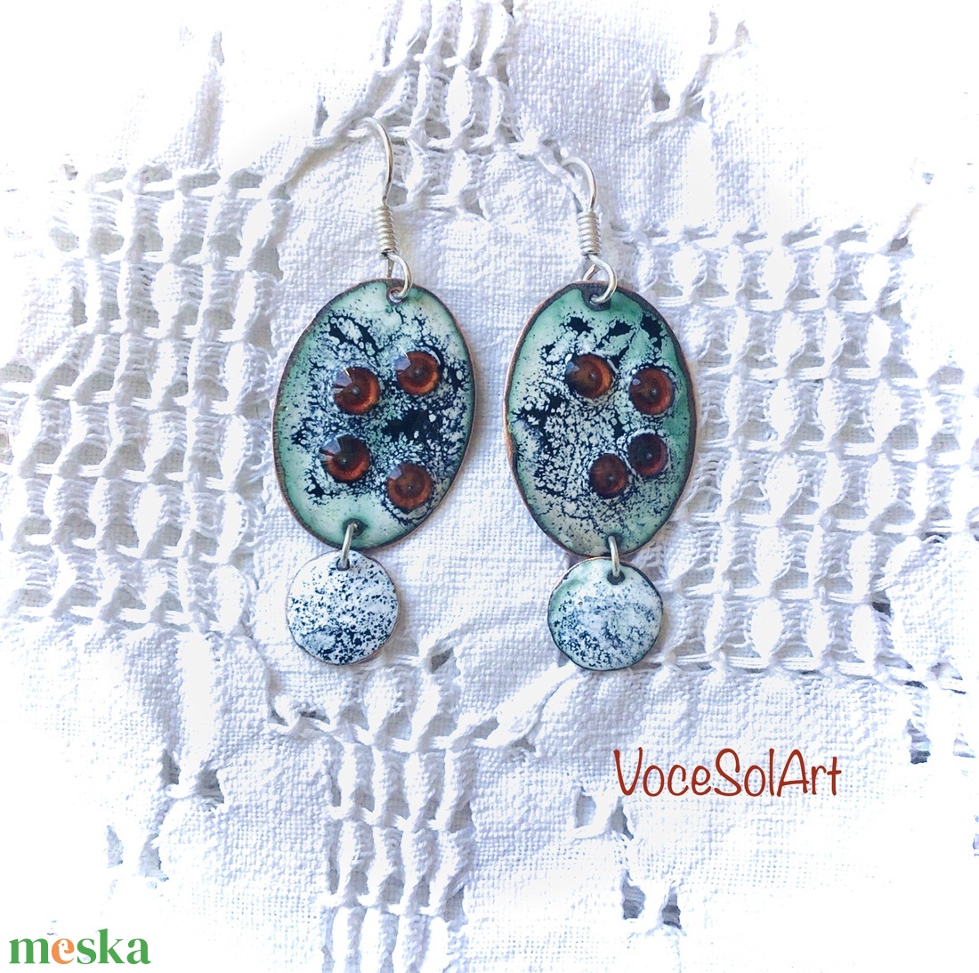 Gyöngytánc - Ovális türkiz Tűzzománc fülbevaló - ékszer - fülbevaló - lógó csepp fülbevaló - Meska.hu