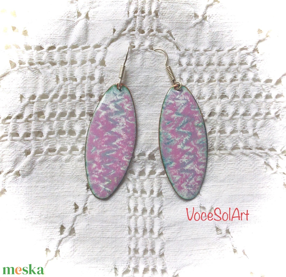 Rózsaszín felhő -  ovális Tűzzománc Fülbevaló - ékszer - fülbevaló - lógó csepp fülbevaló - Meska.hu