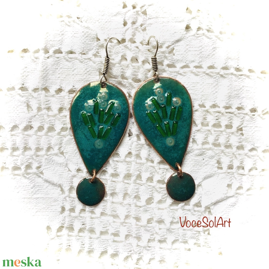 Gyöngyvirág  - Türkizzöld tűzzománc Fülbevaló - ékszer - fülbevaló - lógó csepp fülbevaló - Meska.hu