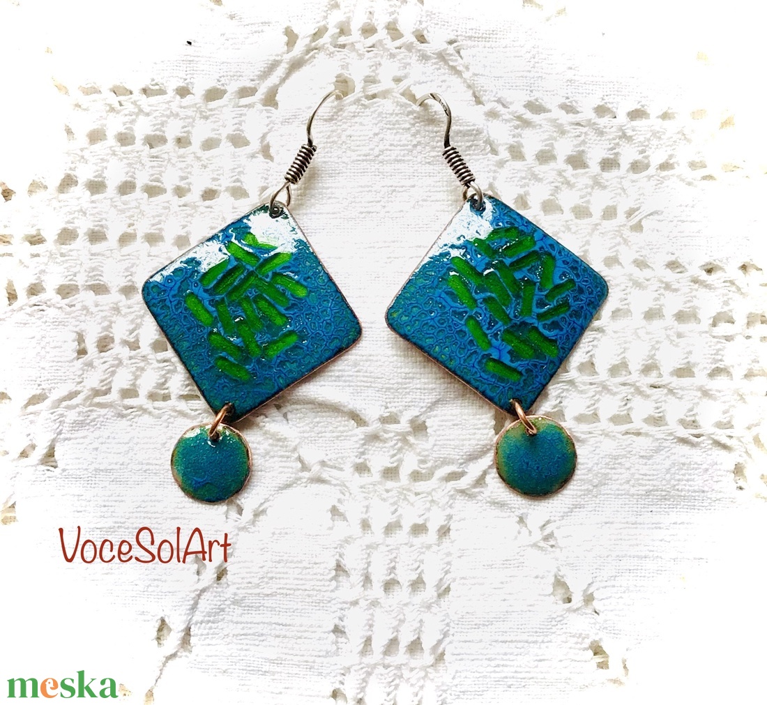 Türkizzöld tenger- tűzzománc Fülbevaló - ékszer - fülbevaló - lógó fülbevaló - Meska.hu