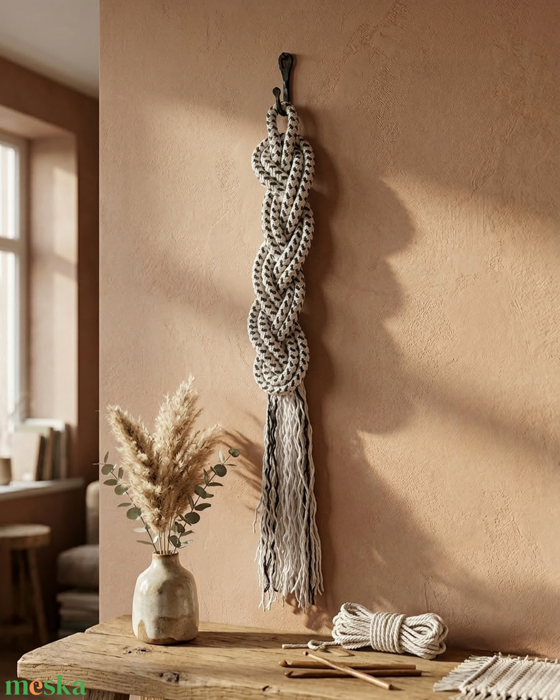 Modern fekete-fehér fonott kötél falidísz - otthon & életmód - dekoráció - fali és függő dekoráció - falra akasztható dekor - Meska.hu