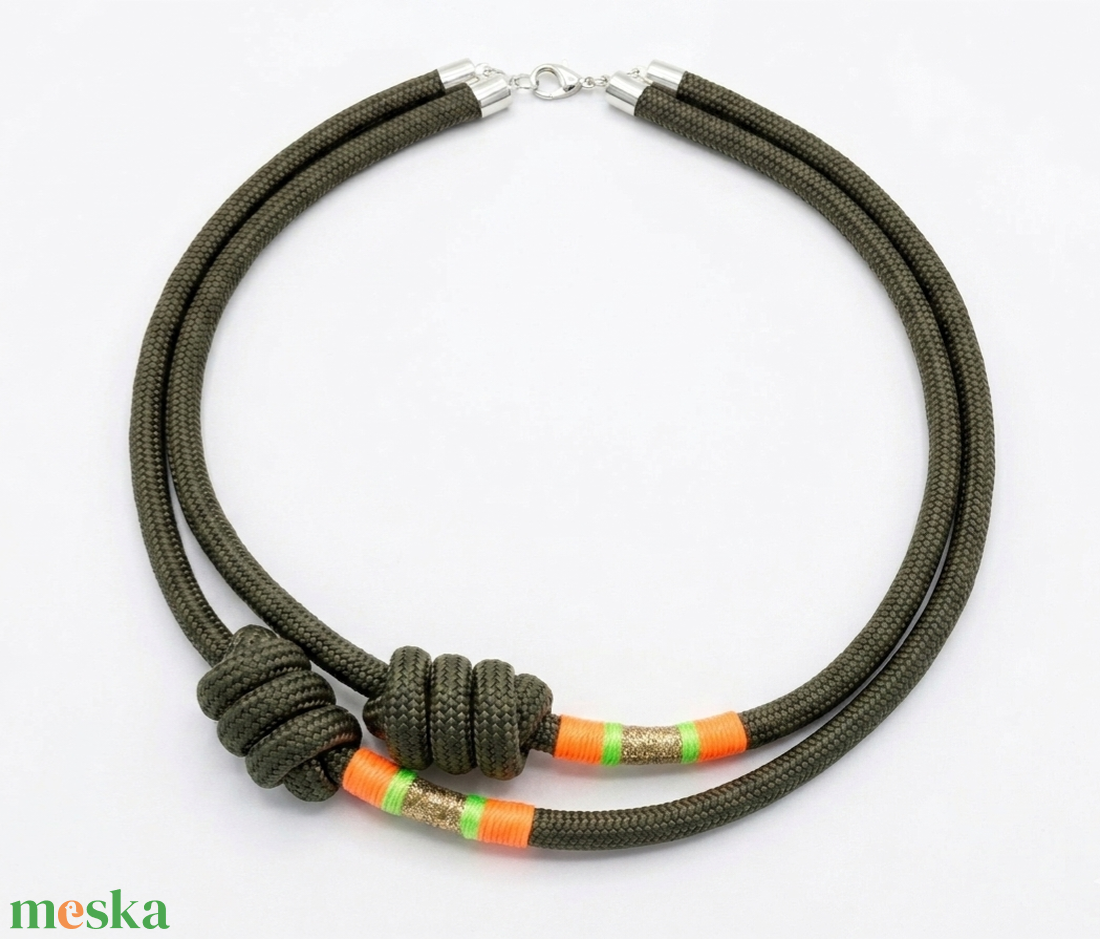 Vagány Csomózott Kötél Nyaklánc � Khaki, neon és arany részletekkel - ékszer - nyaklánc - statement nyaklánc - Meska.hu