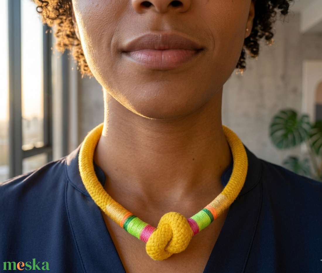Kézműves statement sárga kötélnyaklánc � színes díszítéssel - ékszer - nyaklánc - statement nyaklánc - Meska.hu