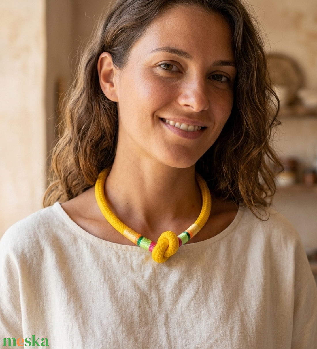 Kézműves statement sárga kötélnyaklánc � színes díszítéssel - ékszer - nyaklánc - statement nyaklánc - Meska.hu