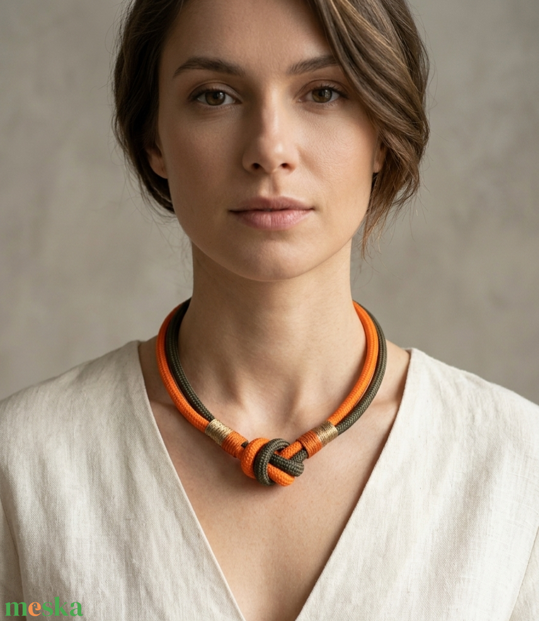 Kézműves kötél nyaklánc � narancssárga és khaki - ékszer - nyaklánc - statement nyaklánc - Meska.hu