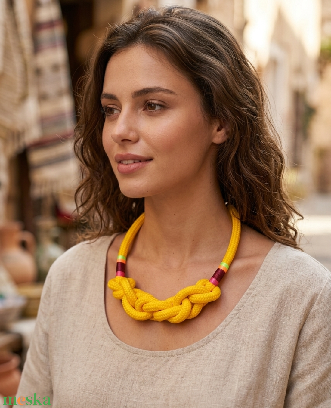 Kézműves fonott hajókötél nyaklánc � élénksárga, színes díszítéssel - ékszer - nyaklánc - statement nyaklánc - Meska.hu