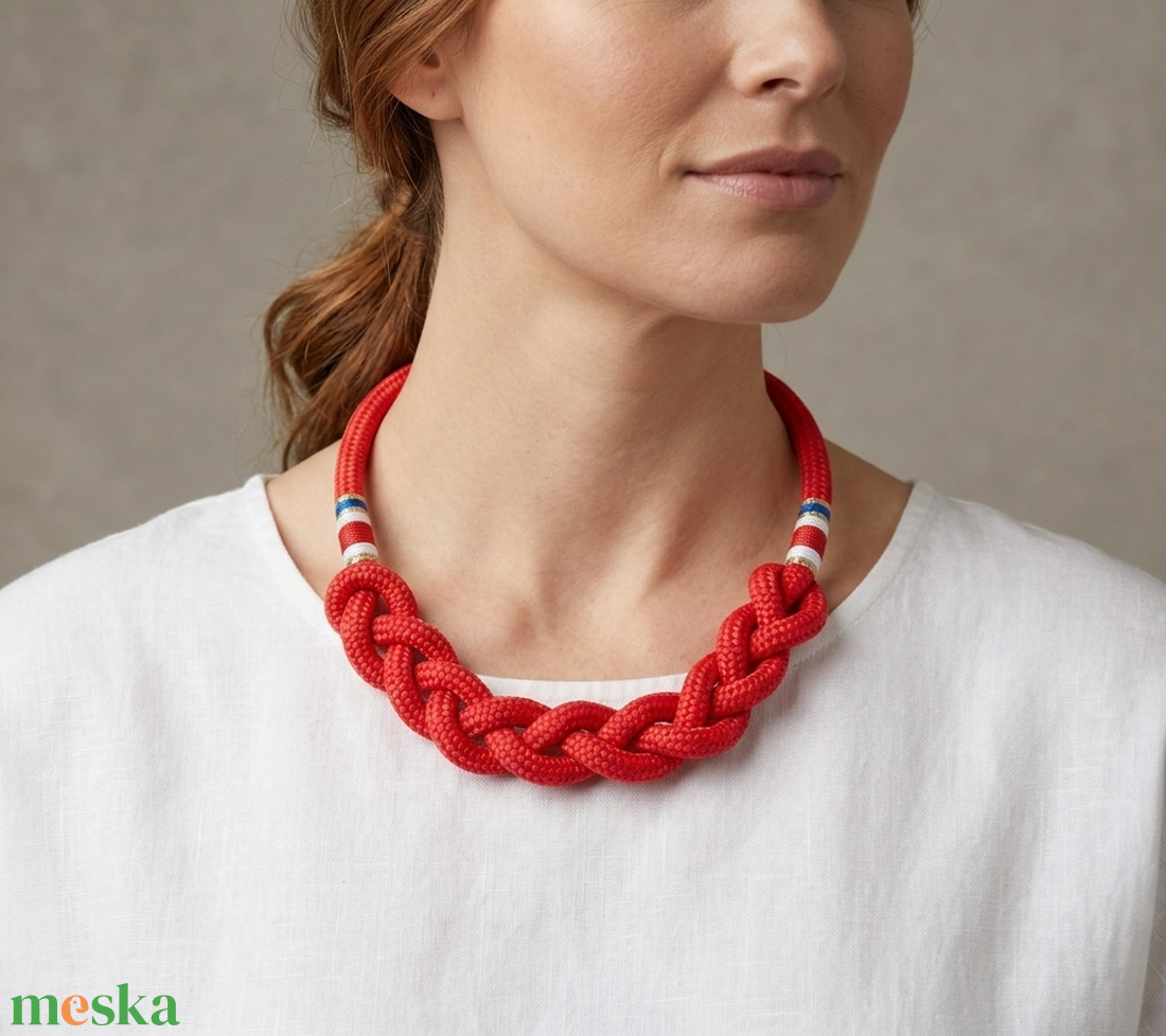 Tengerjáró nautical - Piros fonott hajókötél nyaklánc - ékszer - nyaklánc - statement nyaklánc - Meska.hu