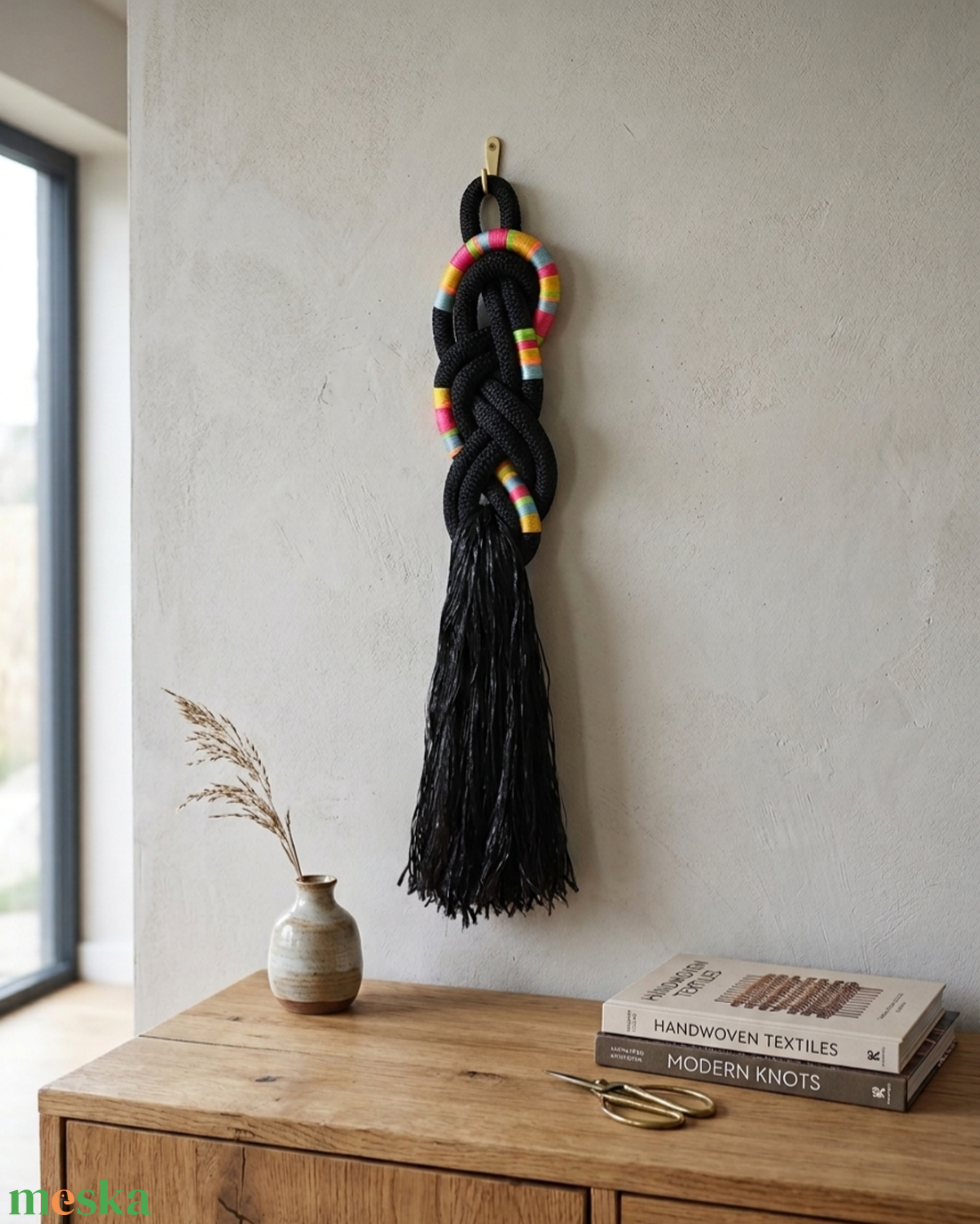 Modern, Bohém Falidísz Fekete Hajókötélből � Vibráló Színekkel  - otthon & életmód - dekoráció - fali és függő dekoráció - falra akasztható dekor - Meska.hu