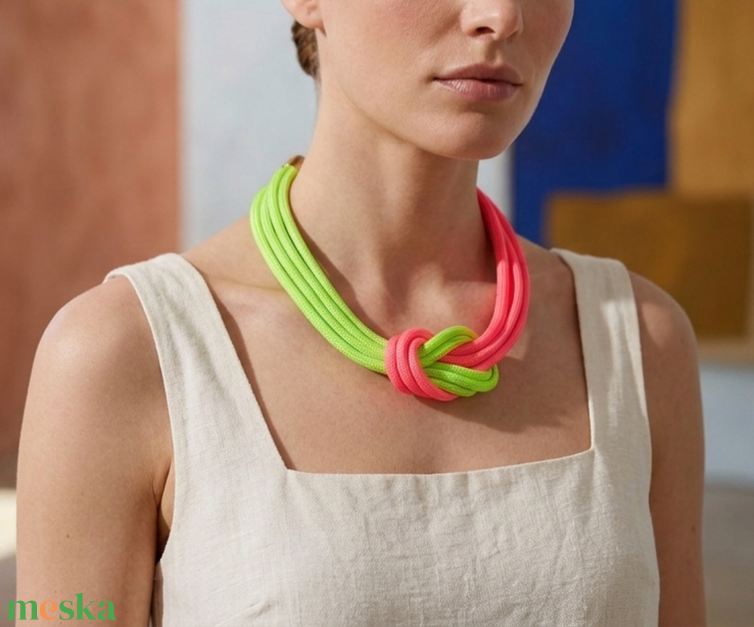 Többszálas csomózott paracord nyaklánc - neonzöld, pink - ékszer - nyaklánc - statement nyaklánc - Meska.hu