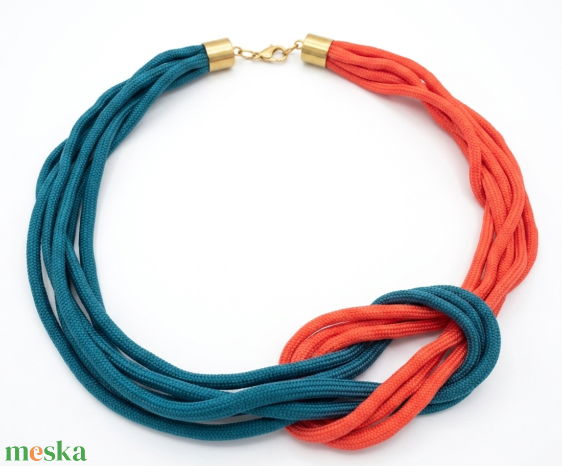 Többszálas csomózott paracord nyaklánc - teal, narancsos piros - ékszer - nyaklánc - statement nyaklánc - Meska.hu