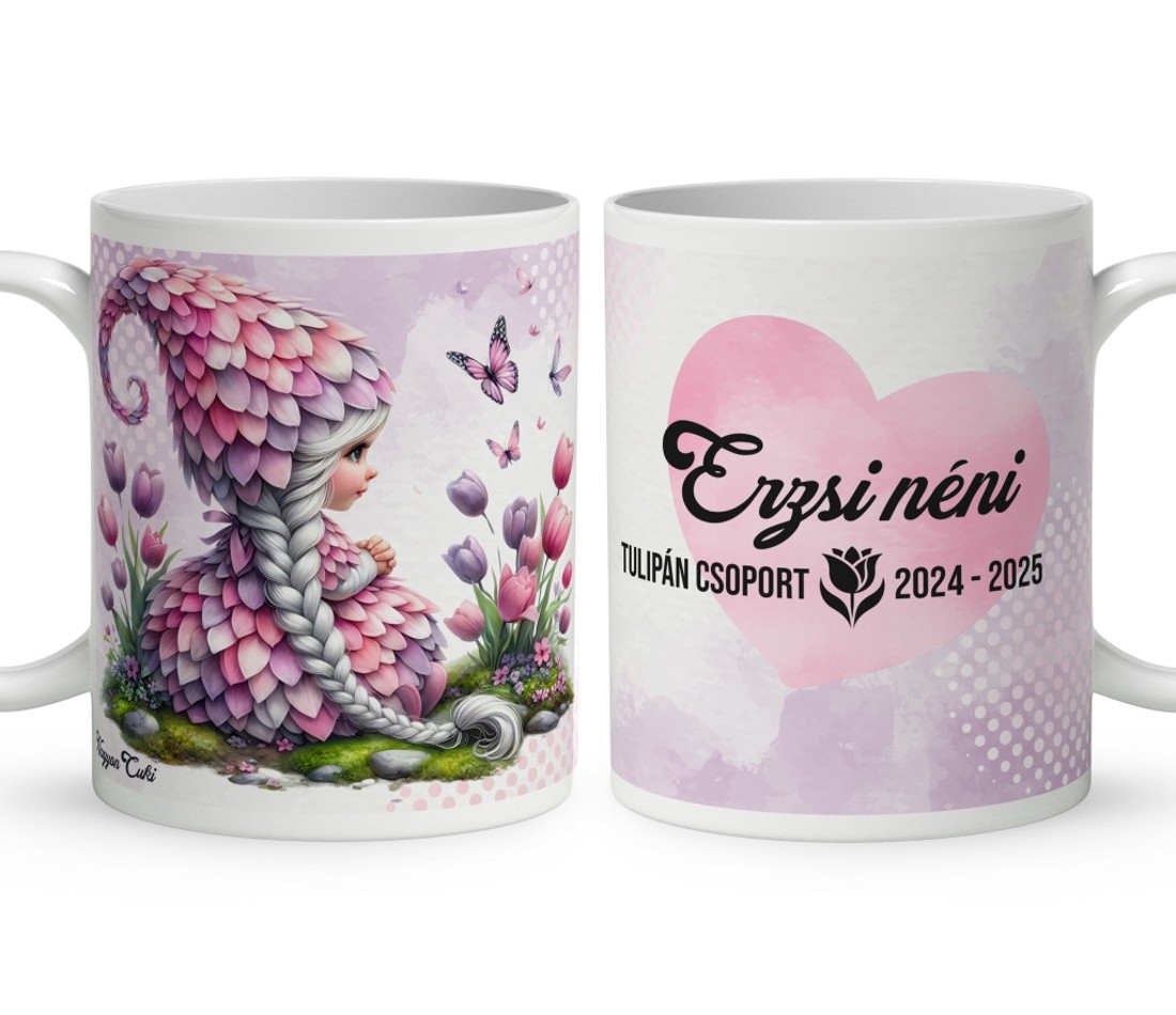 Neves ajándék óvónéniknek - Tulipános manólány és a pillangó mintás bögre - otthon & életmód - konyhafelszerelés, tálalás - tálalás - bögre & csésze - Meska.hu