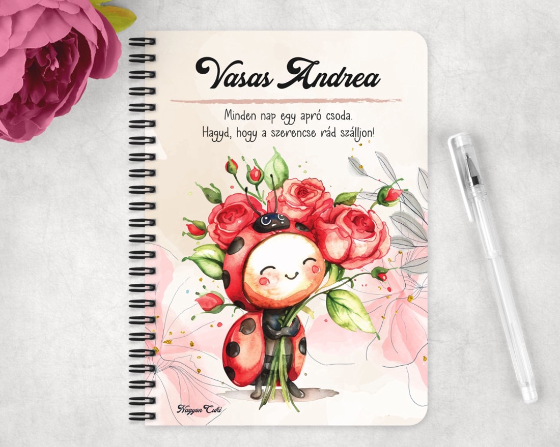 Személyre szabható - Katica virágcsokorral mintás A5-ös füzet - otthon & életmód - papír, írószer - jegyzetfüzet & napló - Meska.hu