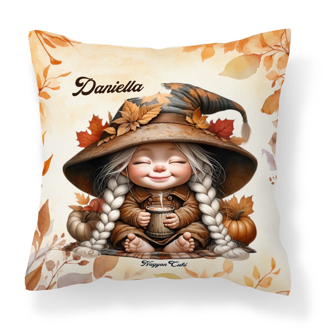 Névvel kérhető - Kávézós őszi manó lány mintás párna - otthon & életmód - lakástextil - párna & párnahuzat - díszpárna (belsővel együtt) - Meska.hu