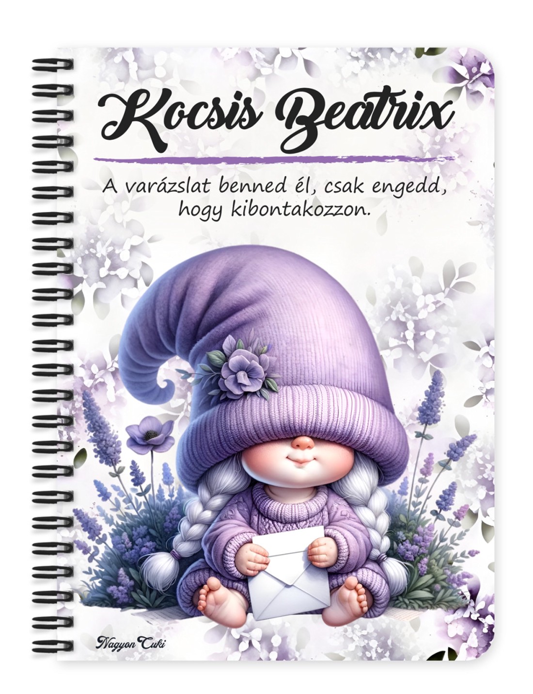 Személyre szabható - Cuki levendulás manólány levéllel mintás A5-ös füzet - otthon & életmód - papír, írószer - jegyzetfüzet & napló - Meska.hu