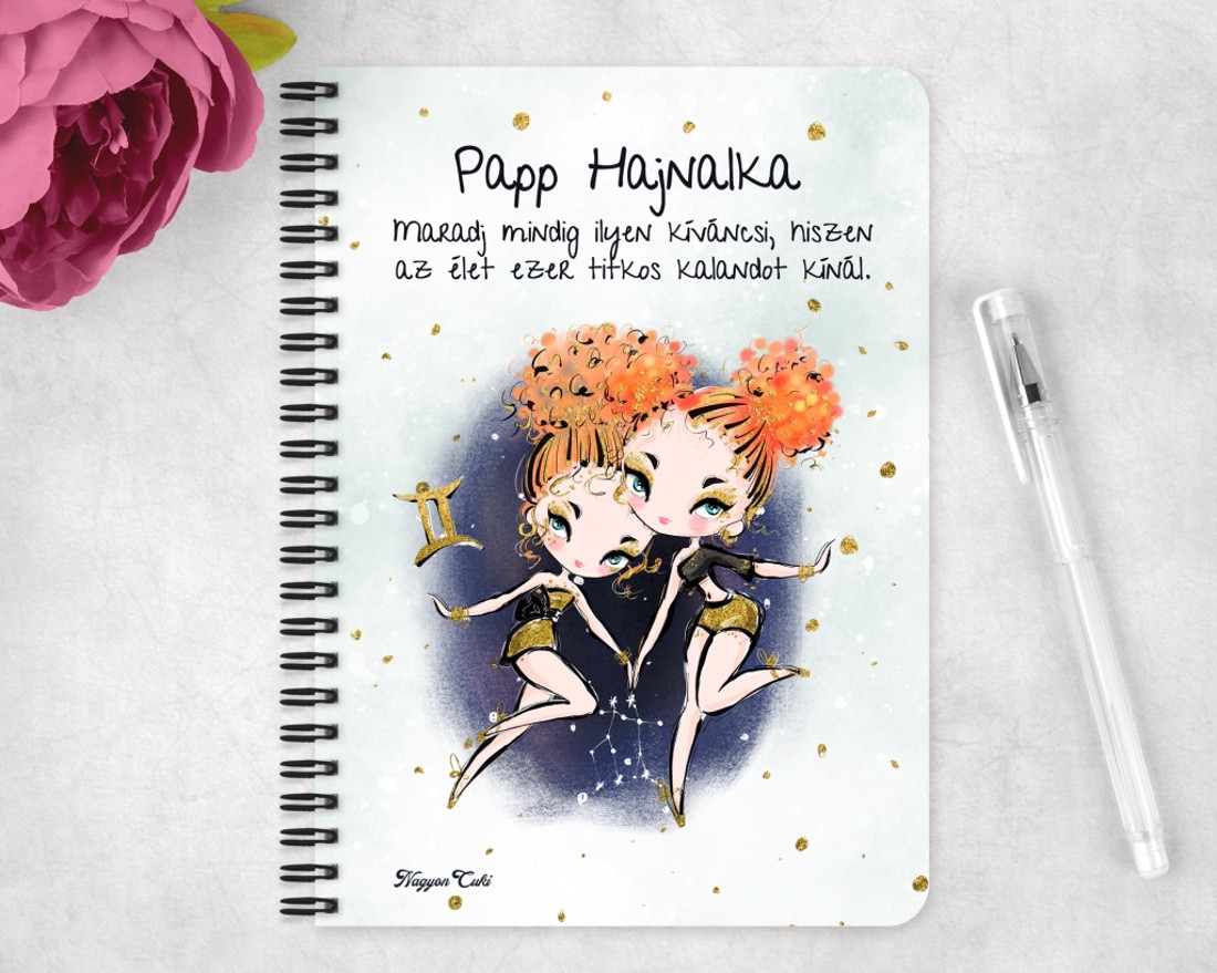 Személyre szabható - Vörös hajú Csini Ikrek lány mintás A5-ös füzet - otthon & életmód - papír, írószer - jegyzetfüzet & napló - Meska.hu