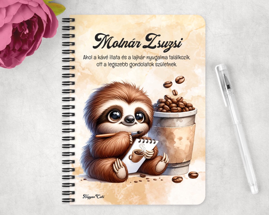 Személyre szabható - Festő kávés lajhár mintás A6-os füzet - otthon & életmód - papír, írószer - jegyzetfüzet & napló - Meska.hu