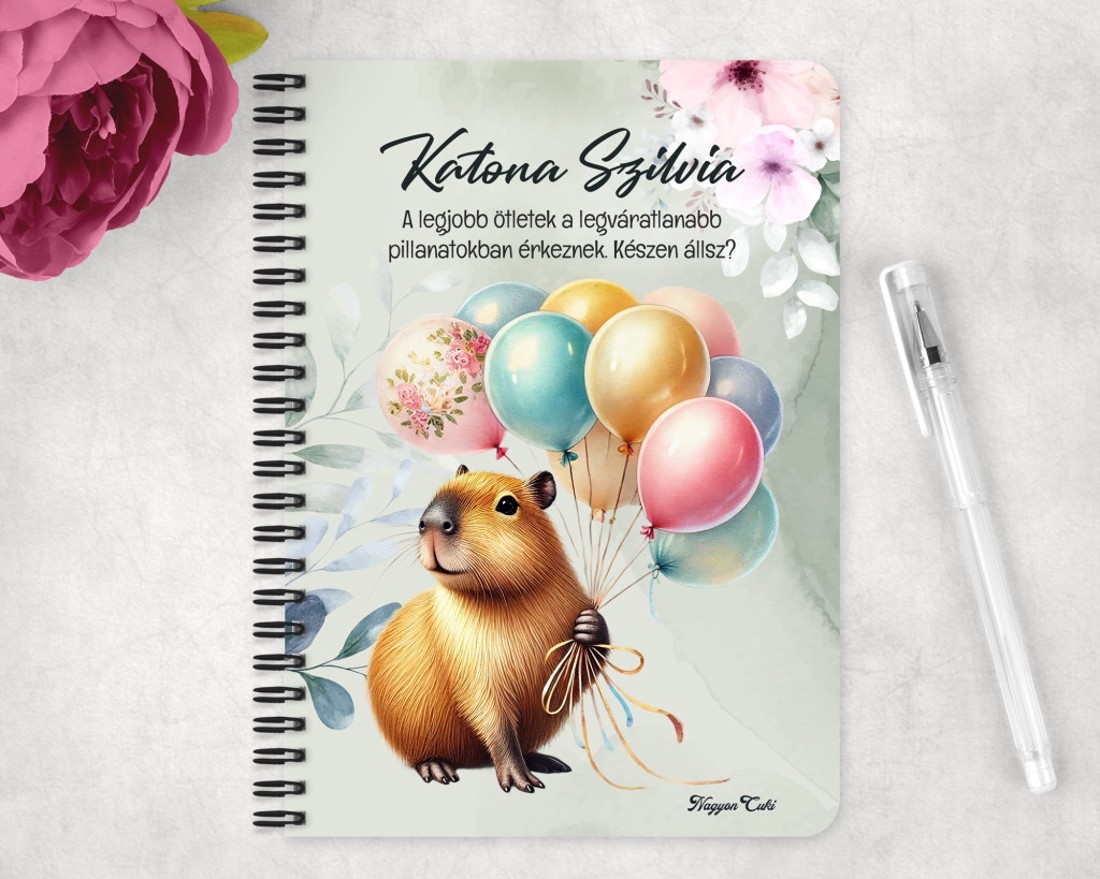 Személyre szabható - Cuki lufis capybara mintás A6-os füzet - otthon & életmód - papír, írószer - jegyzetfüzet & napló - Meska.hu